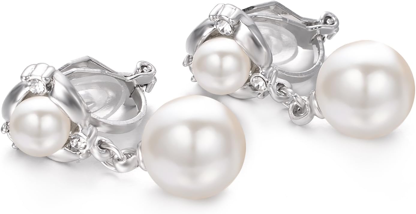 Yoursfs Pearl Clip on Earrings Cubic Zirconia Faux Pearl Dangle Earrings for Women 18K Gold Plated Non Pierced Earrings - Image 7