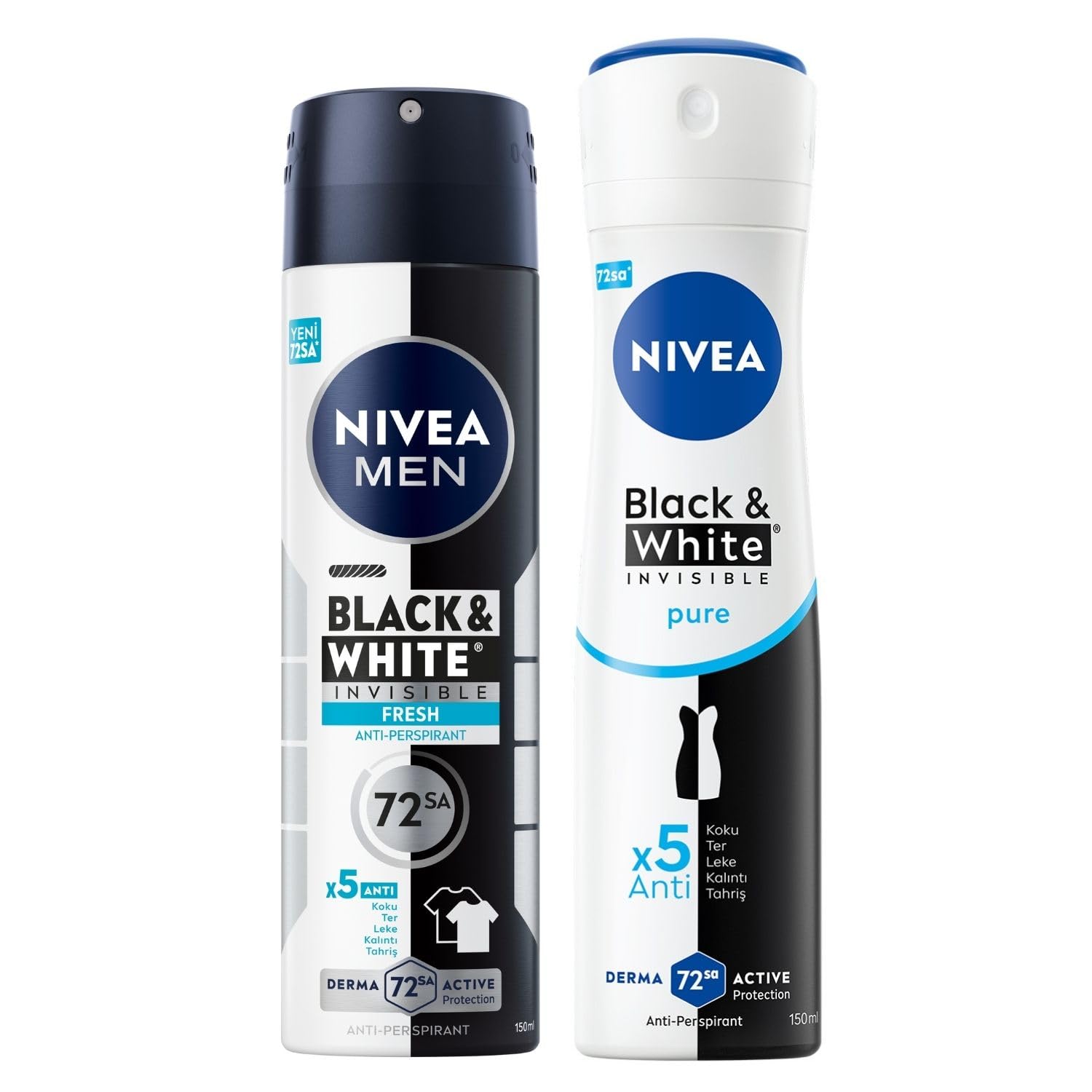 NIVEA Kadın Sprey Deodorant Black&White Invisible Pure 150 ml + Erkek Sprey Deodorant Black&White Invisible Fresh 150 ml