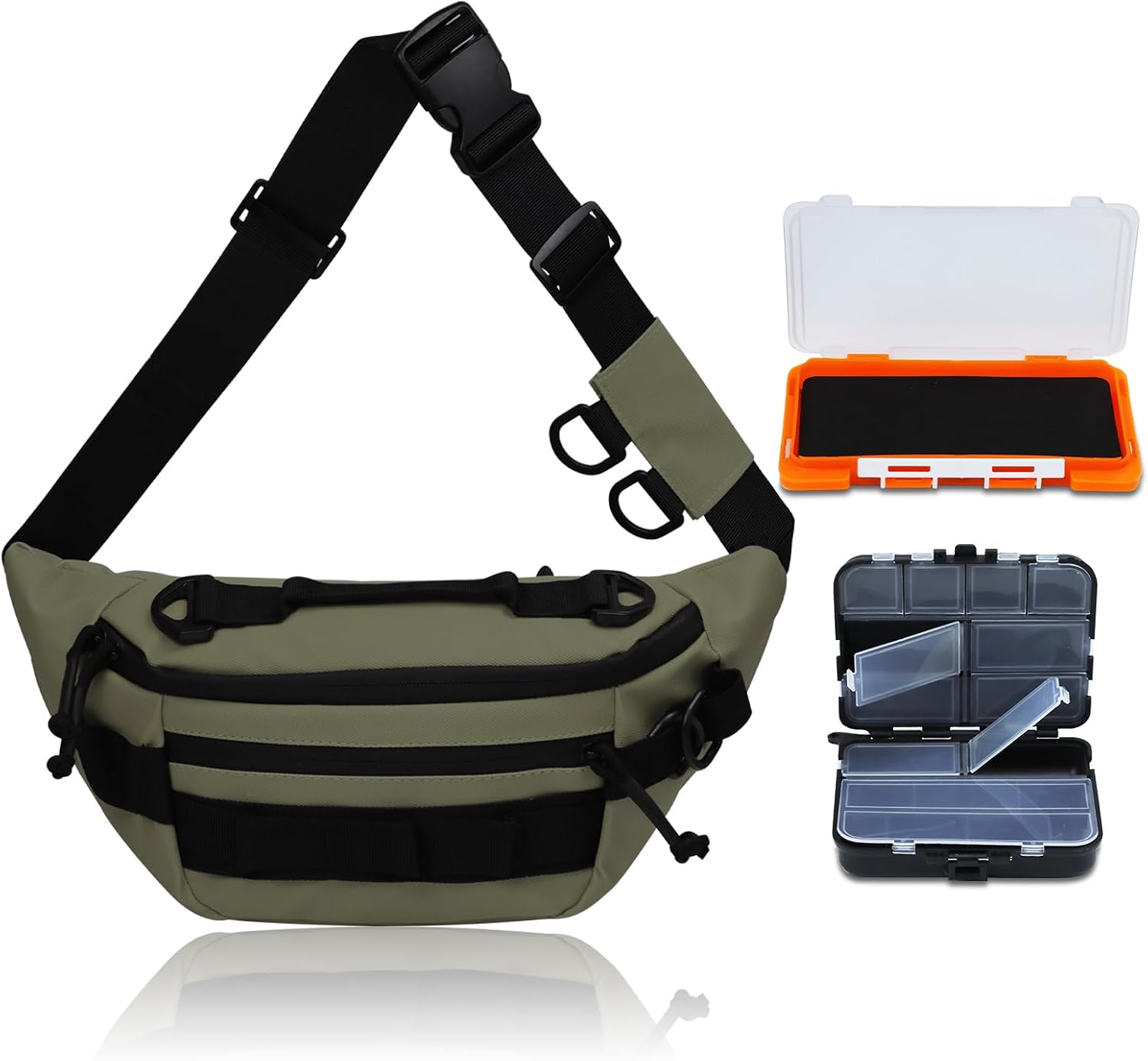 Fishing Waist Pack, Waterproof Fanny Pack with Two Tackle Boxes, Portable Sling Bag for Women & Men, Oxford Fabric, Green