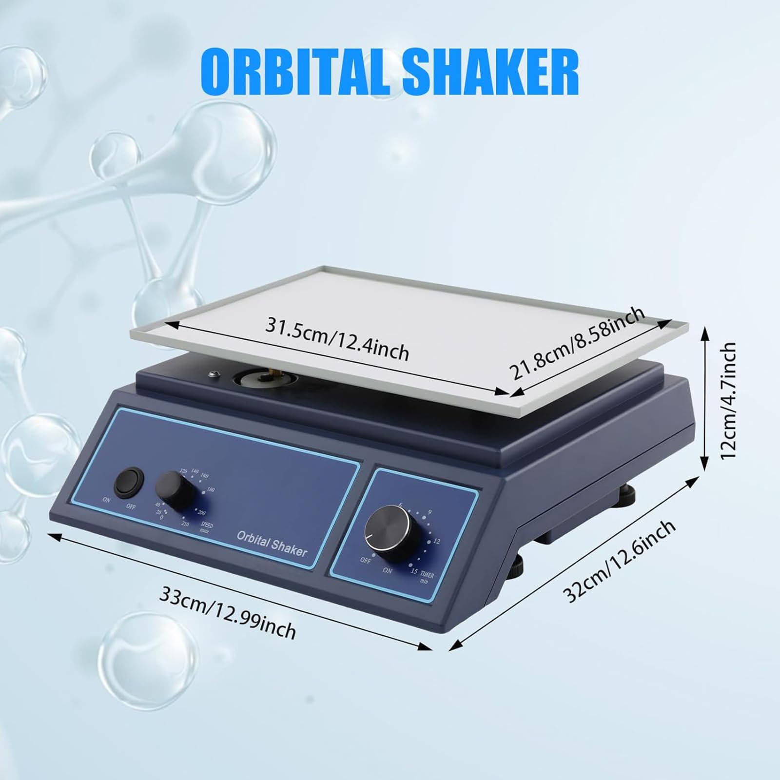 Agitador orbital ajustable, 20-210 r/min, rotador horizontal, placa de 12.4 x 8.6 pulgadas, temporizador y modos continuos para experimentos de laboratorio