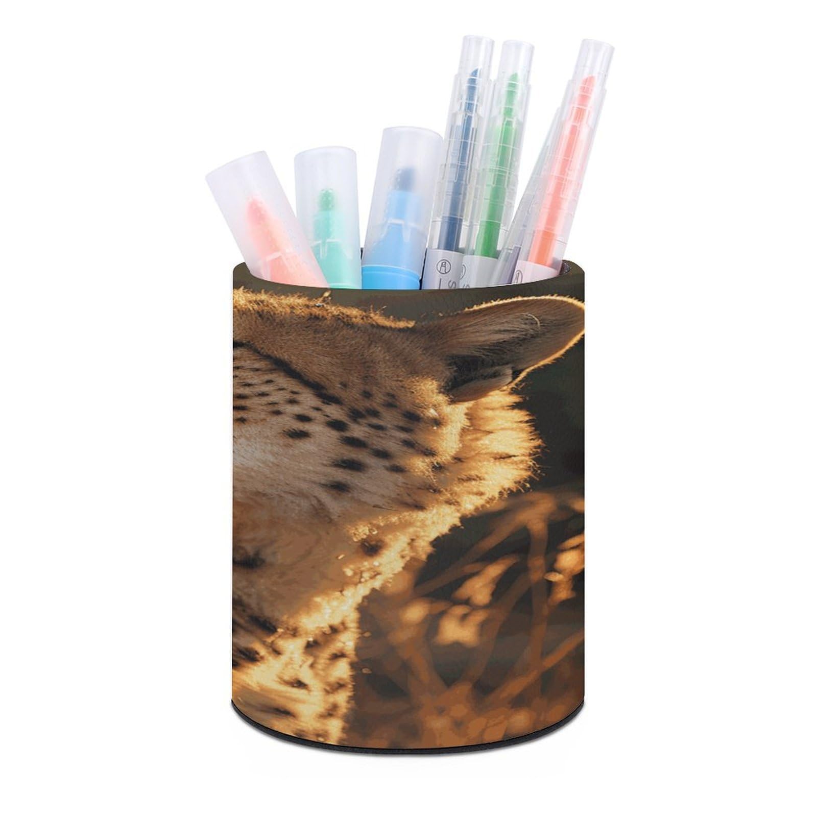 MUSM Cheetah Pen Holder Round PU Leather Pencil Cup Waterproof Pencil Holder for Desk Pen Cup Pen Organizer Pencil Organizer Makeup Brush Holders for Home Office Decor