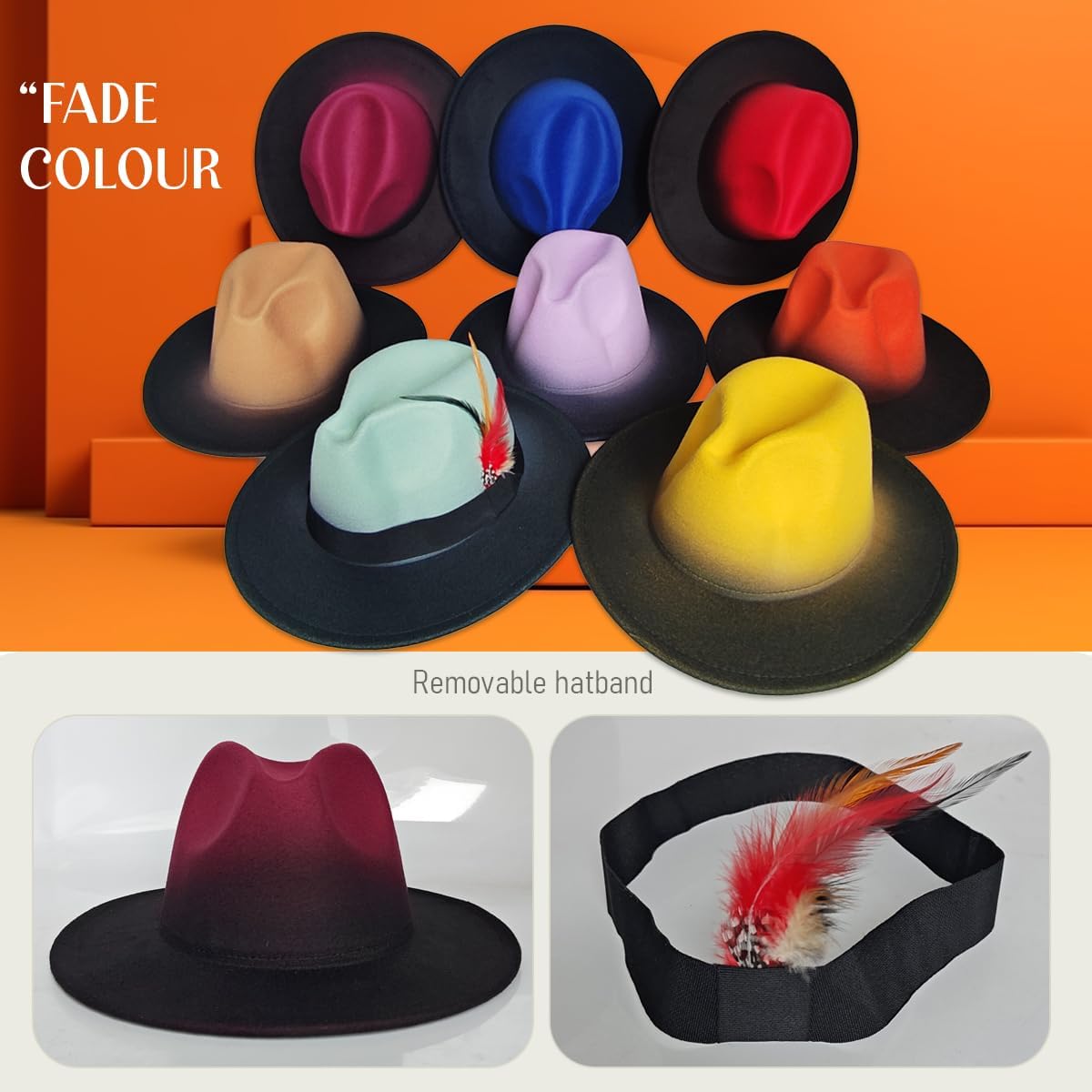 Fedora Hat for Men and Women, Classic Woolen Adjustable Felt Panama Hat with Feather Wide Brim Gradient Jazz Cap