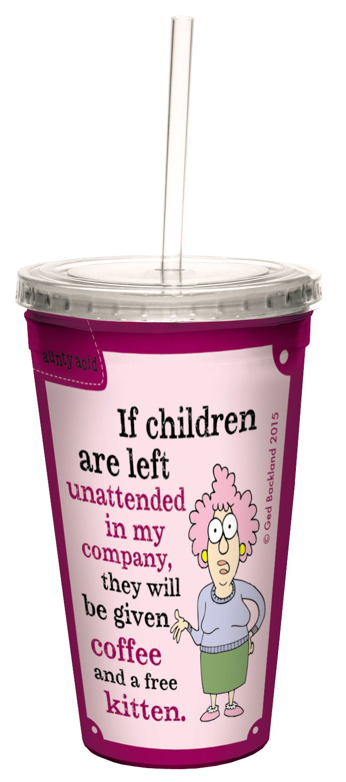 Tree-Free Greetings 16-Ounce Double-Walled Cool Cup with Reusable Straw, Aunty Acid Coffee and Free Kittens