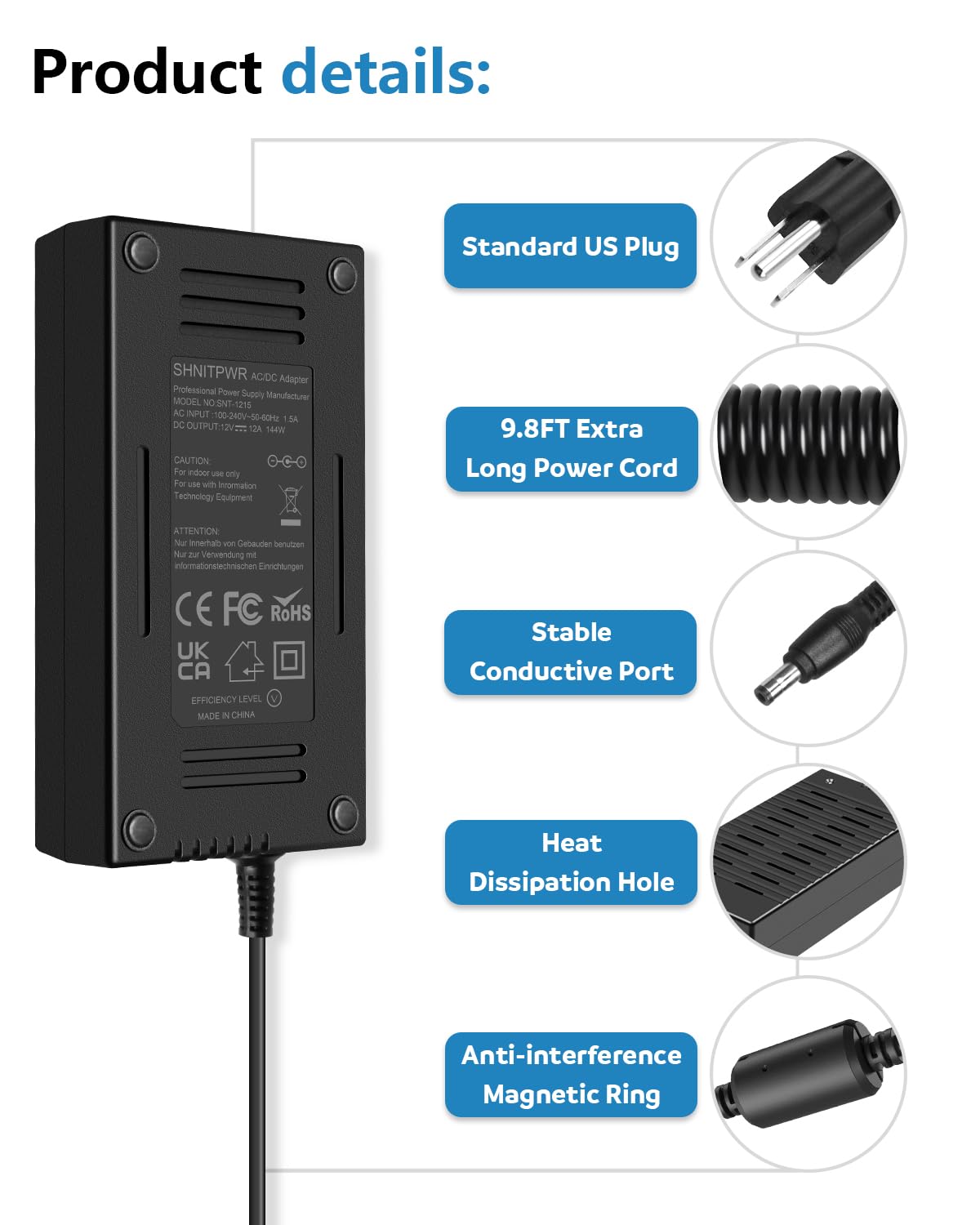 SHNITPWR Bloc d'alimentation 12 V - Transformateur LED 5 A 60 W - Alimentation AC 100 V ~ 240 V à DC 12 V - Transformateur de tension 5,5 x 2,5 mm