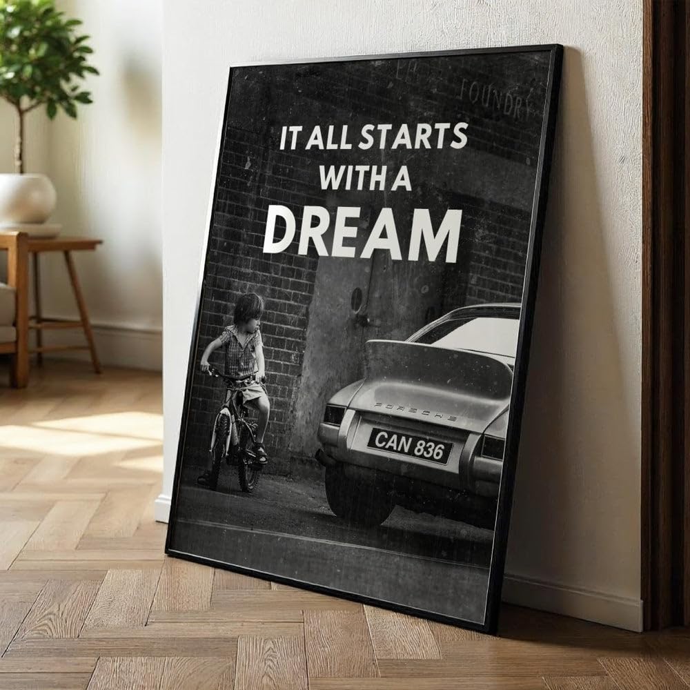 PERSONALISIERBARES Porsche Poster mit WUNSCHKENNZEICHEN | It all starts with a dream | Motivationsbilder | Porsche 911 Poster Auto Bild | Wandbild Büro Deko Office Garage Geschenk Männer Werkstatt