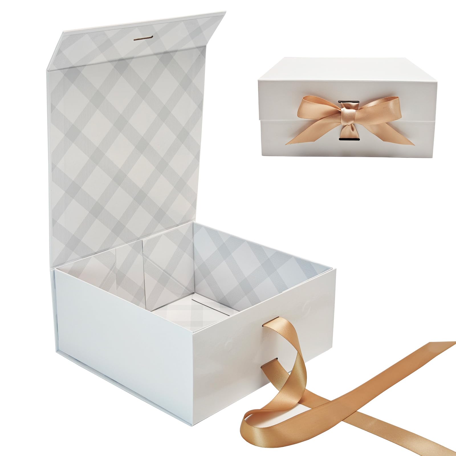 White Gift Box 22x22x10cm, Premium Present Box with Magnetic Lid and Ribbon for Holidays Wedding Birthday Gift Packaging, Plaid Lining
