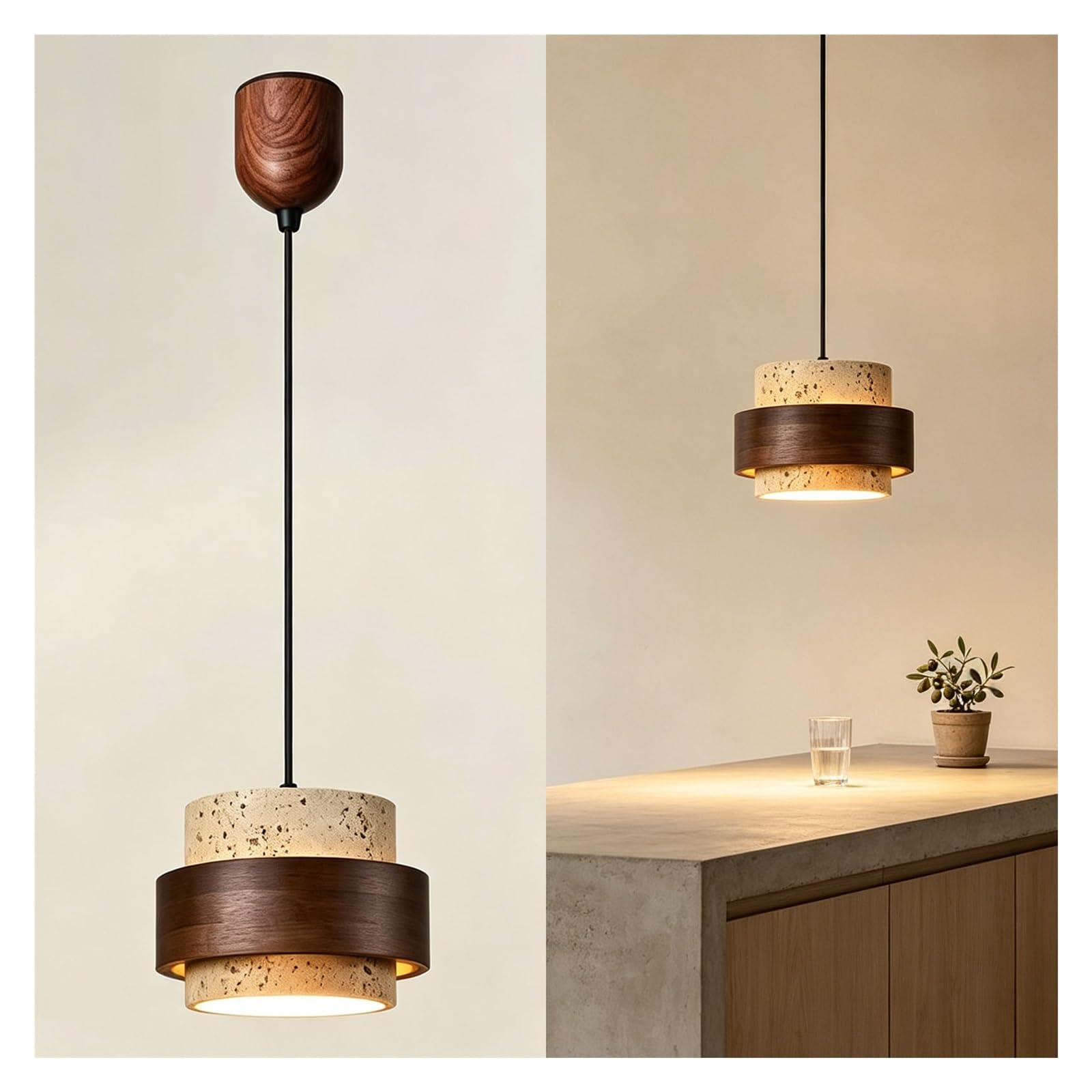 Travertine Pendant Light Natural Stone Wood Lamp Kitchen Island Bedroom