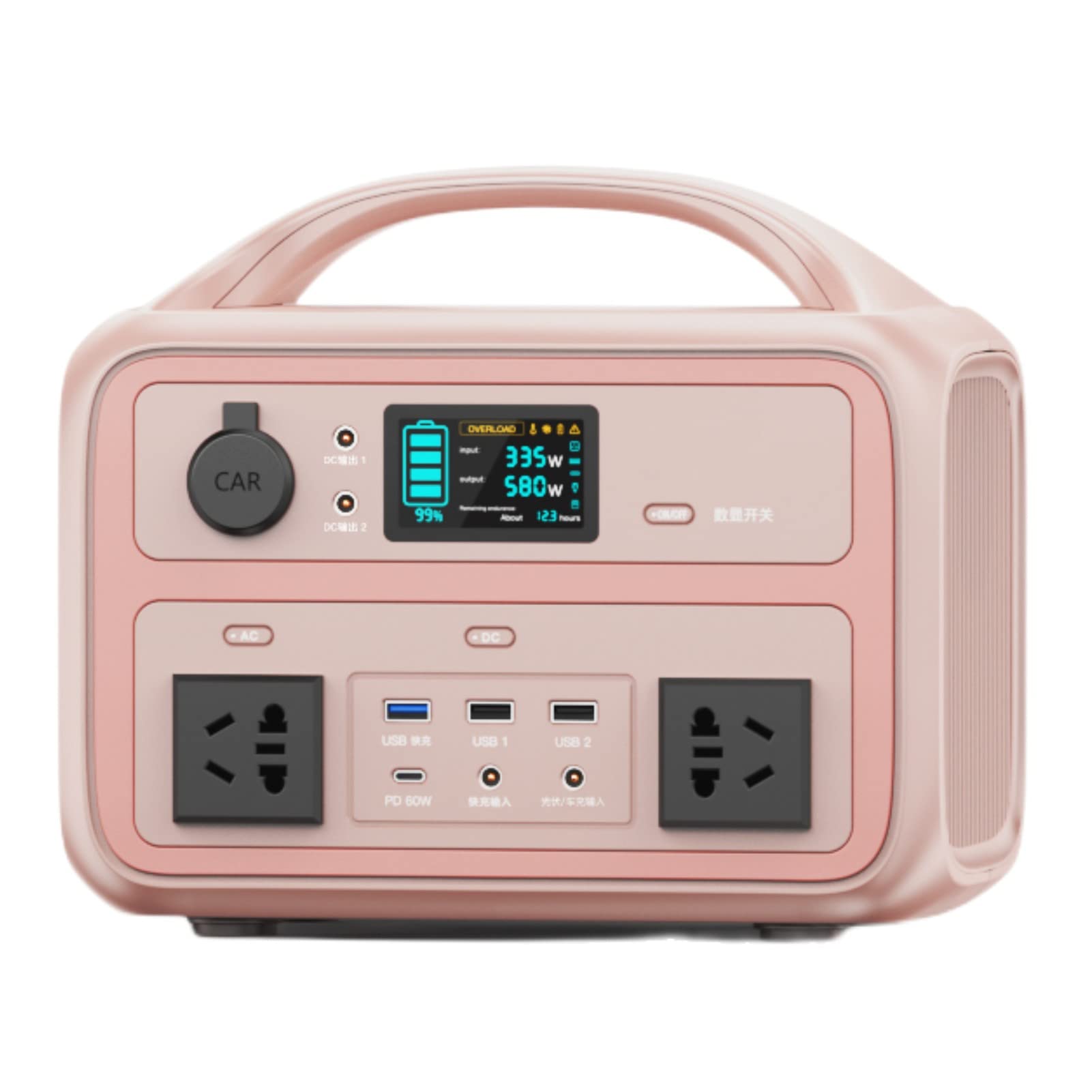 Stazione di alimentazione da campeggio, generatore portatile con presa CA da 110 V, doppie porte USB e uscite CC, batteria solare per campeggio, camper, backup di emergenza (rosa 600 W 600 Wh 2,5 or