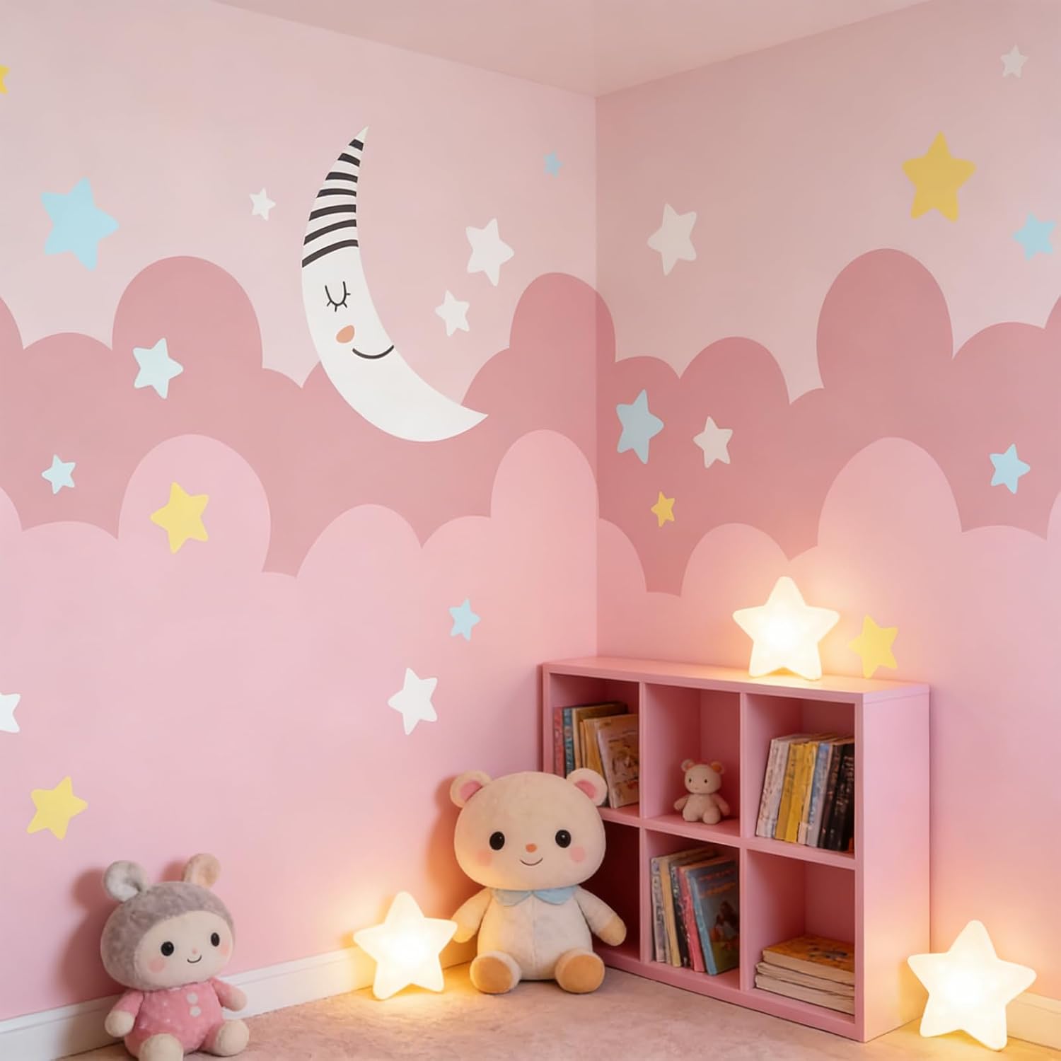 UBEOS-Pink Cloud Princess Bedroom Wall Mural Stars Moon Cartoon Wallpaper for Girls Room 136"x96" (Not Peel and Stick)