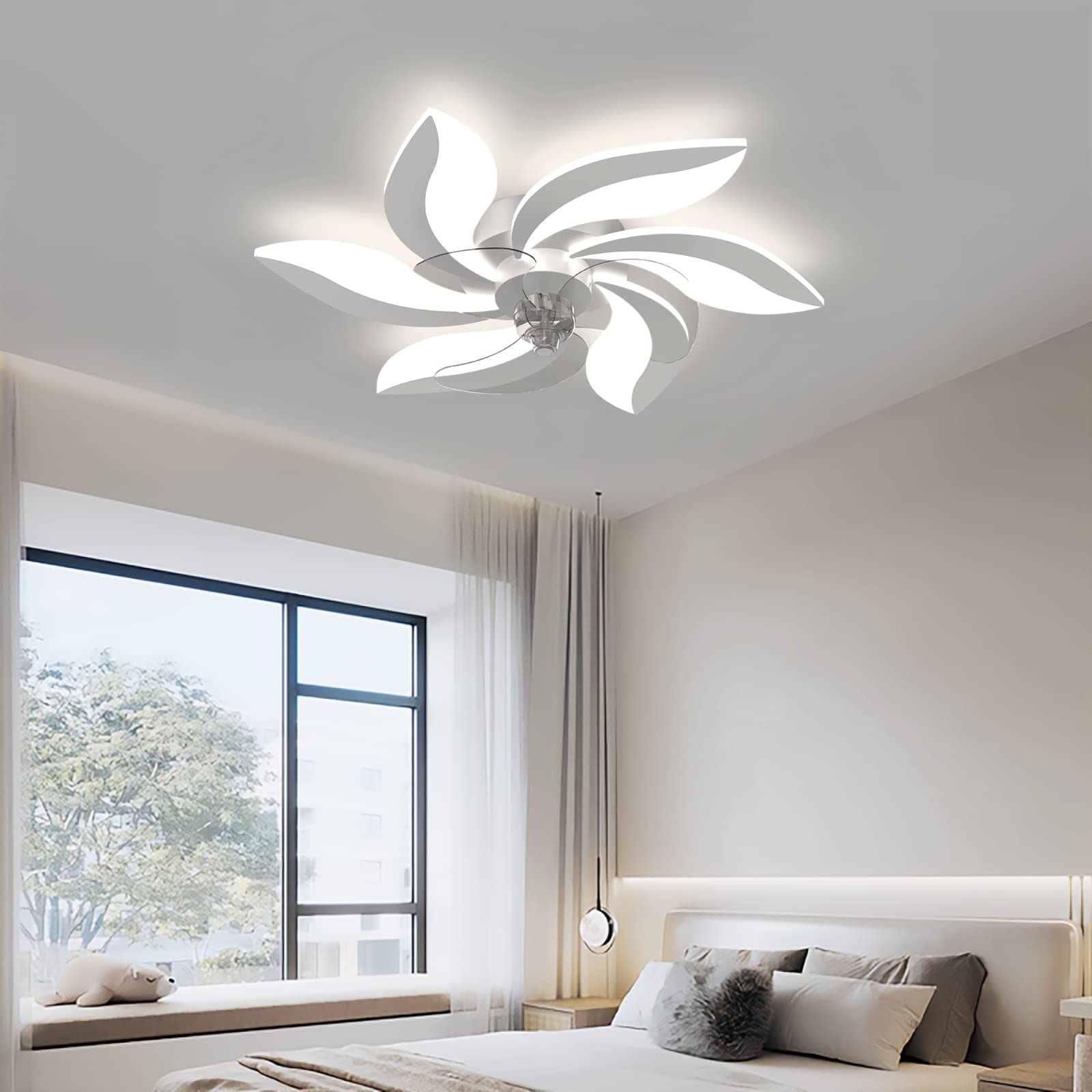 68cm Modern Ceiling Fans with Lights and Remote/APP Silent Creative Flower Ceiling Fans with Lamps Dimmable LED Fan 6 Speed Reversible Blades for Bedroom Living Room,White