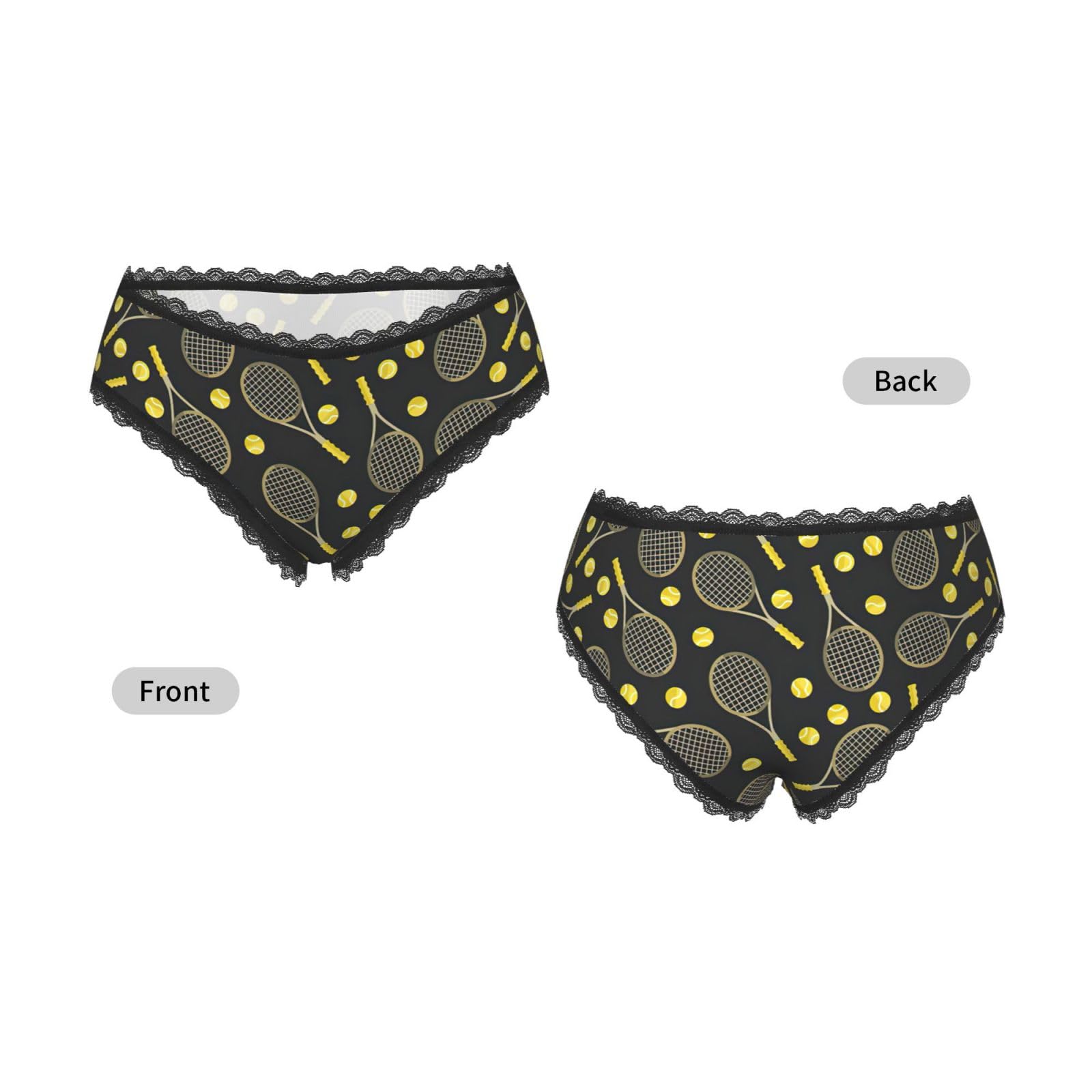 Divertente racchette da tennis e palline da tennis con stampa di mutandine da donna con bordo in pizzo, slip elasticizzati a copertura completa morbida e traspirante per un comodo uso