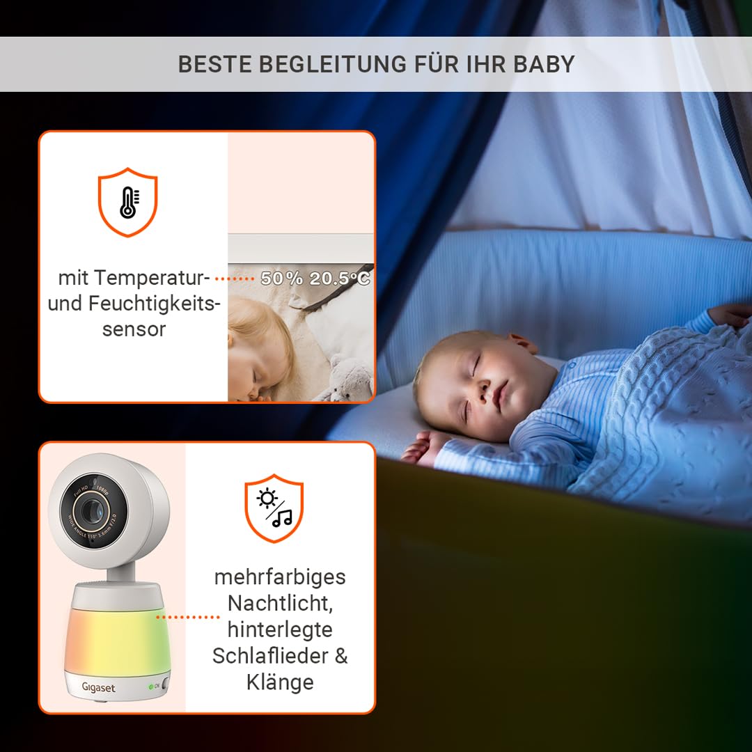 Gigaset Baby 700 Connected–Video-Babyphone mit 5,5"-Full HD-Touchscreen–Sichere FHSS & WLAN Übertragung–Lange Akkulaufzeit-große Reichweite-mit Gigaset App, Cream White/Warm Grey [Deutsche Version]