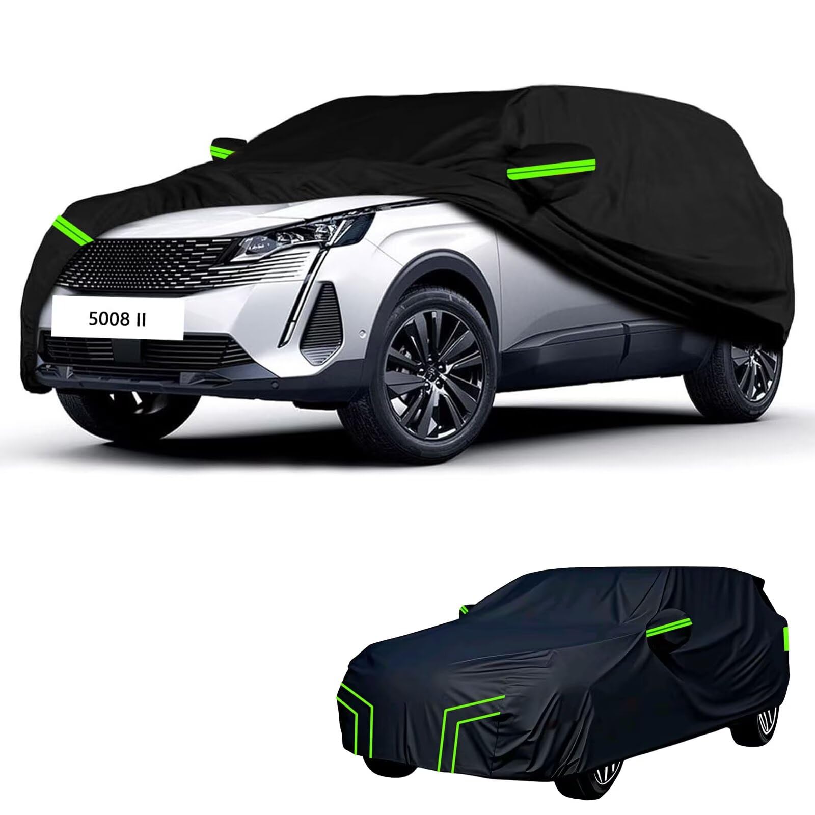 sur Mesure bache Voiture Exterieur imperméable Compatible avec Peugeot 5008 II 2016-2024,résistante au Soleil,au Vent,Neige Pluie,Protection Quatre Saisons(Black Green)