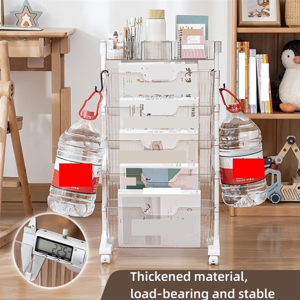 Cabinet, 6-Tier Transparent Bookshelf on Wheels Magazine Mobile Book Cart Organizer Bookshelf for Office School and Home Organization(White)