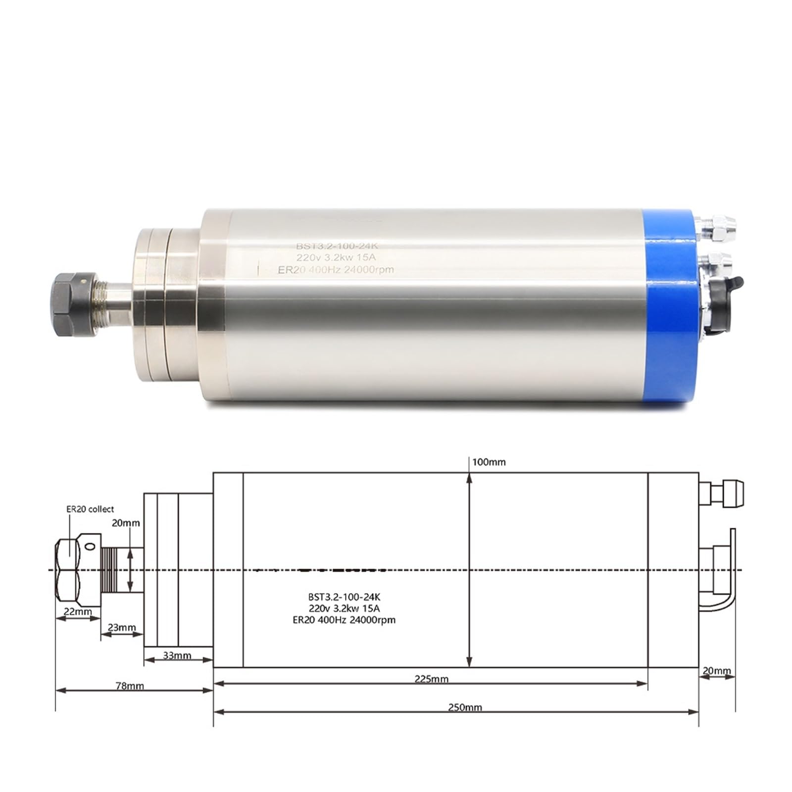 KACOME 3.2KW ER20 Woodworking Spindle Motor, 100MM Stand 75W Pump(220v,Steel Bearing)