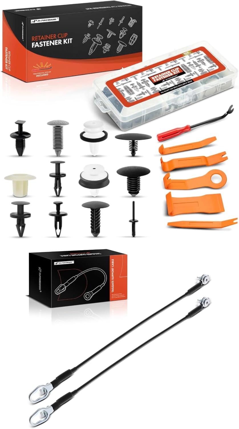 A-Premium 105 PCS Fender Car Retainer Clips Kit (W/ 6 PCS Fastener Remover) and Tailgate Support Cable Compatible with Ford Ranger 2019-2023