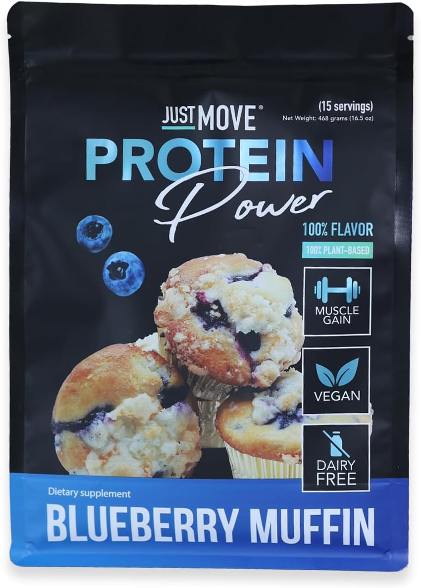 Just Move Protein - Blueberry Muffin - Vegan (Plant Based), Organic, Dairy Free, Soy Free, Gluten Free, Keto, Peanut Free, 20g Protein, Low Carb, Non GMO (16.5 Oz)
