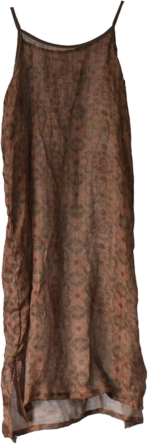 Women's Summer Casual Ramie Printed Halter Midi Spaghetti Strap Vacation Sleeveless Dresses