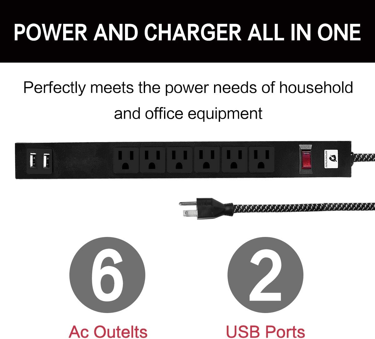 USB Power Strip Surge Protector Mountable 6ft Heavy Duty Extension Cord 6 Outlet 2 USB Fast Charging Port(2.4A) with Hook & Loop Fastener for Home Office Factory Smartphone PC