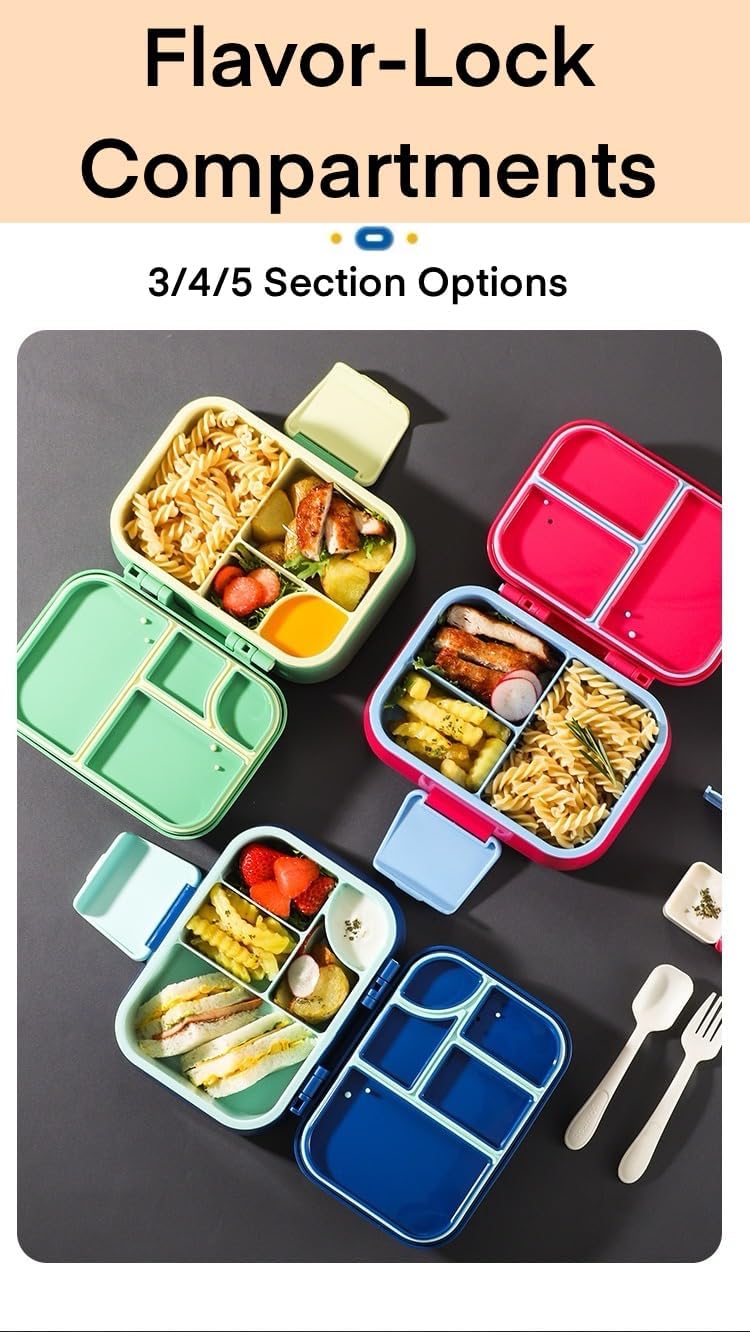 Kids Lunch Box - Leak-Proof Compartment Meal Container, PP5 & PE | 3/4/5 Compartments | Double-Layer | Includes Stylish Utensil Set, Dishwasher Safe (4 PINK)