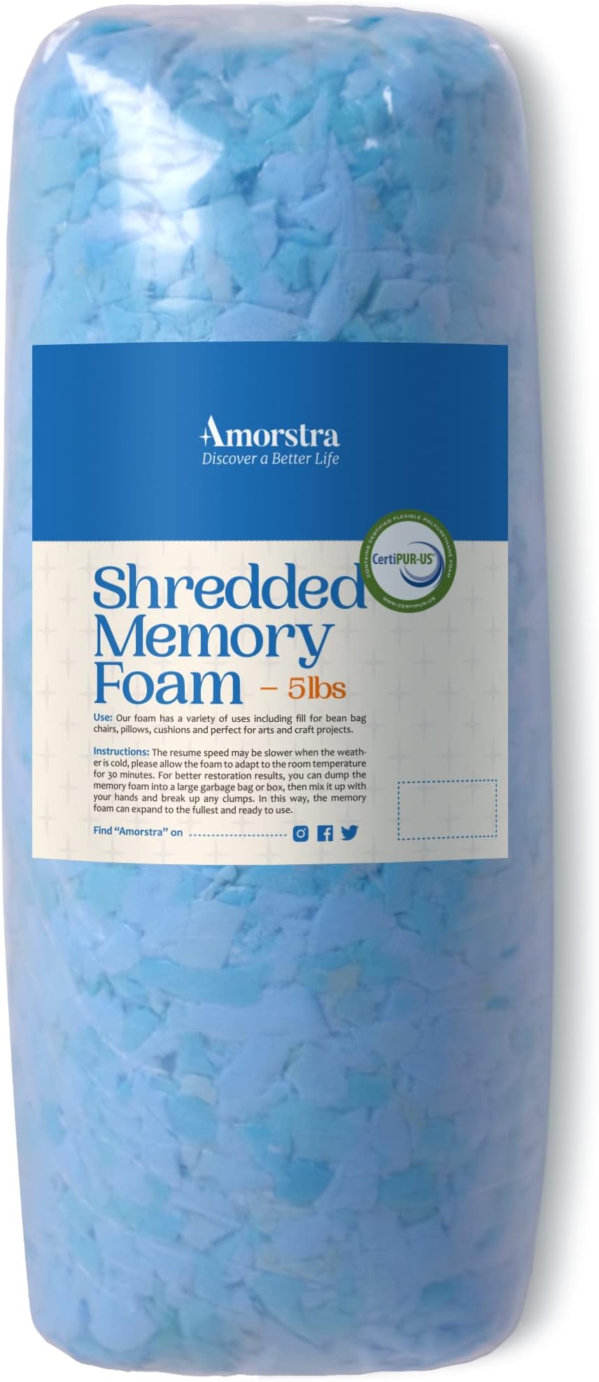 Bean Bag Filler, Shredded Memory Foam Filling, 5 Lb, Pouf Ottoman Filler for Couch Cushion, Cushion, Dog Bed, Stuffed Animals and Bean Bag Refill, Blue