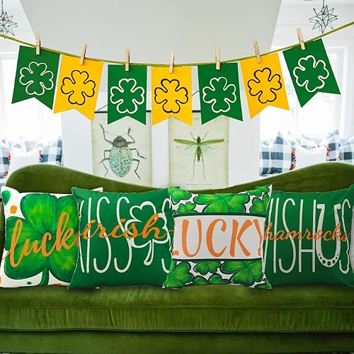 Miniatura 5 de DIYDEC 4 fundas de almohada del día de San Patricio de 18 x 18 pulgadas, fundas de almohada de primavera de tréboles de la suerte verdes, fundas de