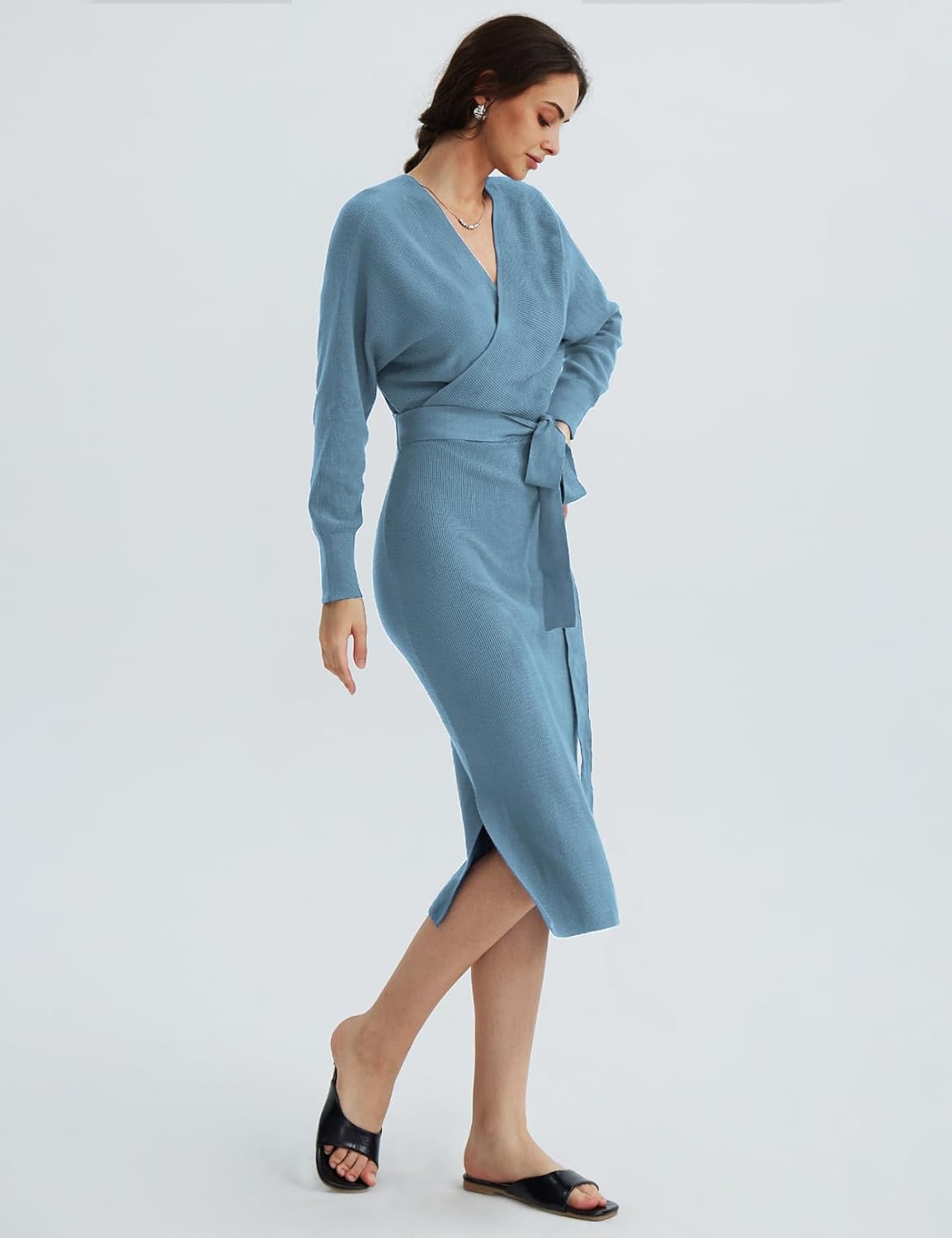 CHERFLY Women's V Neck Sweater Dresses Batwing Long Sleeve Backless Bodycon Long Dress with Belt - Image 2