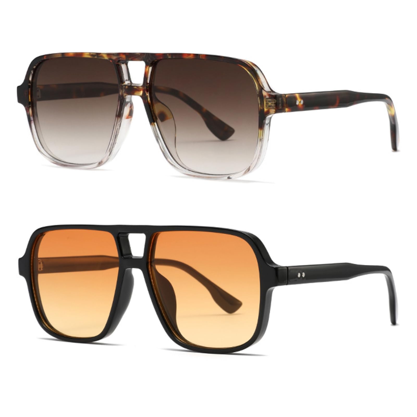 Retro 70s Gafas de Sol Cuadradas Mujer Hombre, 2 Piezas Vintage Gafas Clásicas con Doble Puente, Protección UV400, Retro Gafa de Sol Piloto, Rectangular de Moda Mujeres Hombres Gafa