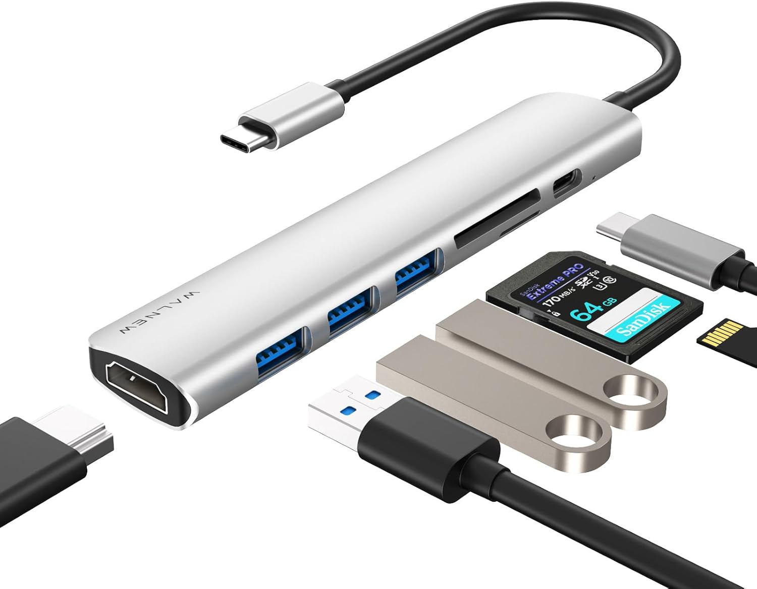WALNEW USB C Hub, 7-in-1 USBC Docking Station with 4K HDMI,100W PD,SD/TF Card Reader,USB 3.0, Type C Multiport Dongle Adapter for MacBook,Mac,iPad,Surface Laptop,Chromebook,Dell XPS,Samsung Galaxy Tab