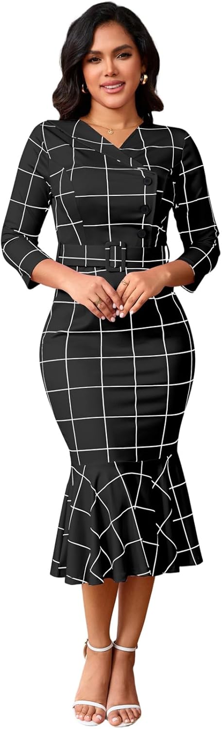 Women's Church Dress Formal Long Sleeve Vintage Ruffle Wrap Work Midi Pencil Dresses - Image 2