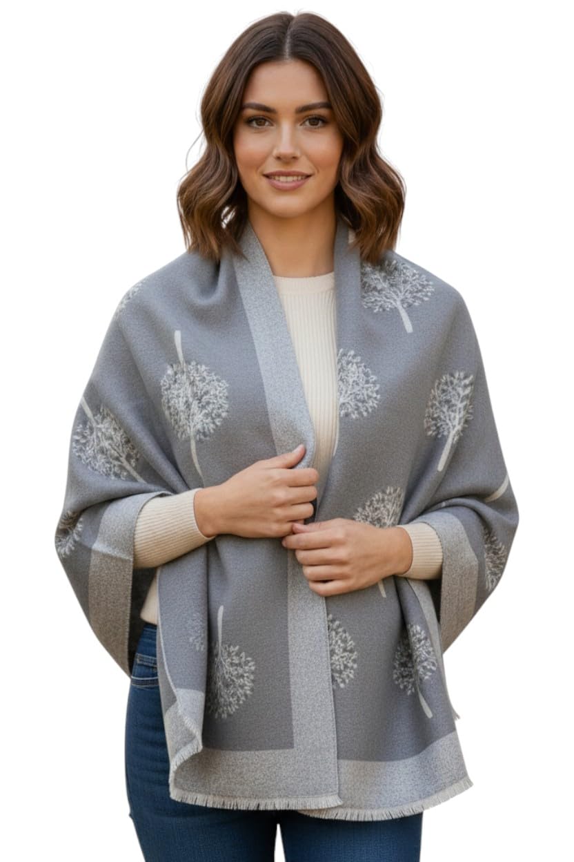 Hilto Women's Grey Dark Grey Winter Scarf Tree Of Life,Cashmire Soft Touch Reversible Pashmina Shawl, Scarves Wraps, Blanket, Mulberry Tree Large Girls (Grey Dark Grey)