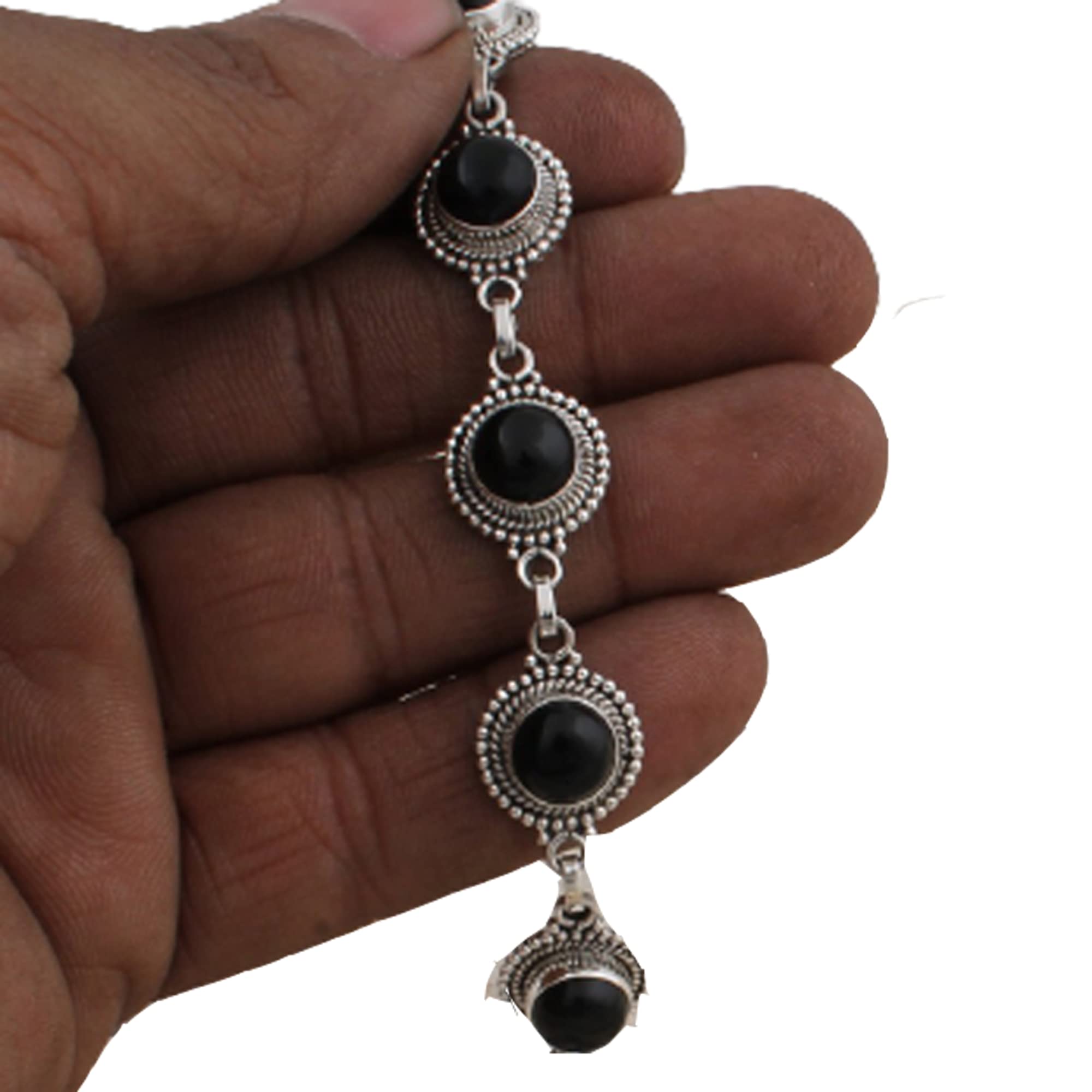 Pulseras de plata para mujer,Boho Bracelet Gift For You ! With Natural Black Onyx Gemstone Bracelet Cabochon Stone Handcrafted Bracelet 925-Sterling Silver Bracelet