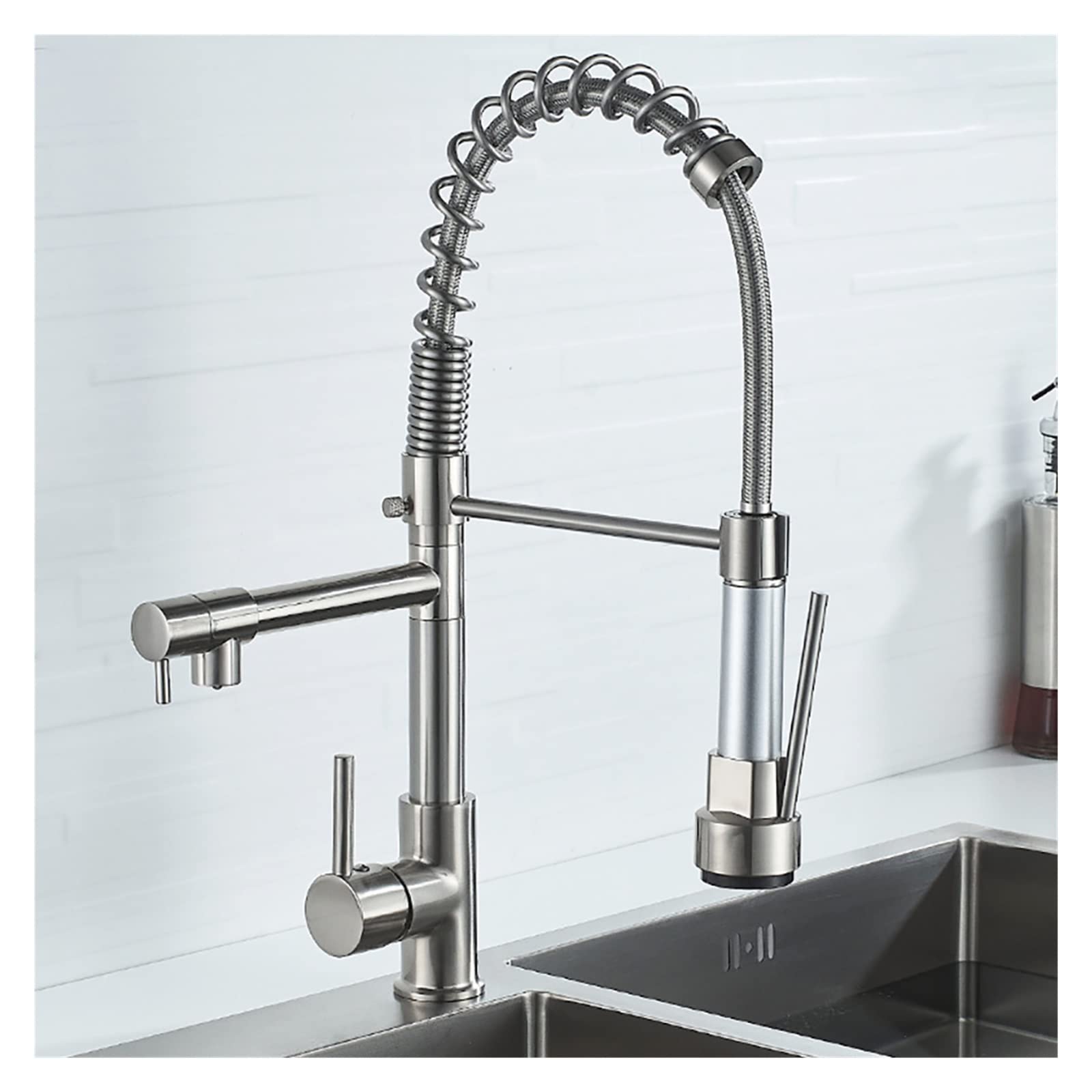 Robinet de cuisine extractible double bec avec mitigeur eau chaude et froide