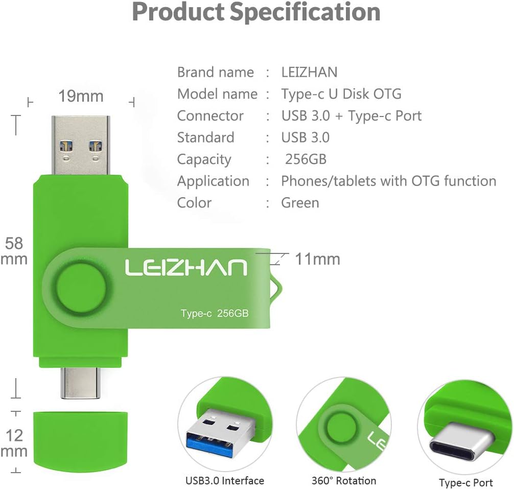 Amazing 🔥 leizhan 256GB Type-C USB Flash Drive, USB C Phone Picture Stick 3.0 for HTC 10,Huawei P20,Samsung Galaxy S10, S9, Note 9, S8, S8 Plus, Green