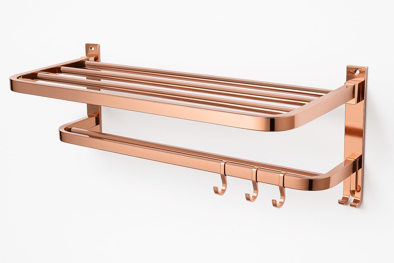 elexa hardware rose gold foldable bathroom shelf | wall mounted foldable stainless steel towel rack with hooks | space saving & modern bathroom organization
