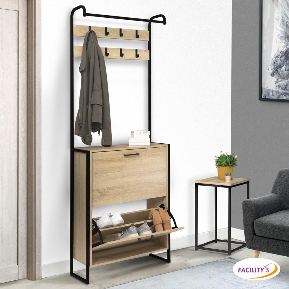 FACILITYS - Zapatero con 2 puertas para 12 pares con perchero de metal y efecto madera - 180 x 63,5 x 23,5 cm - Zapatero Entrada Recibidor - Burro Ropa - Barra de Colgar - Estilo Vintage