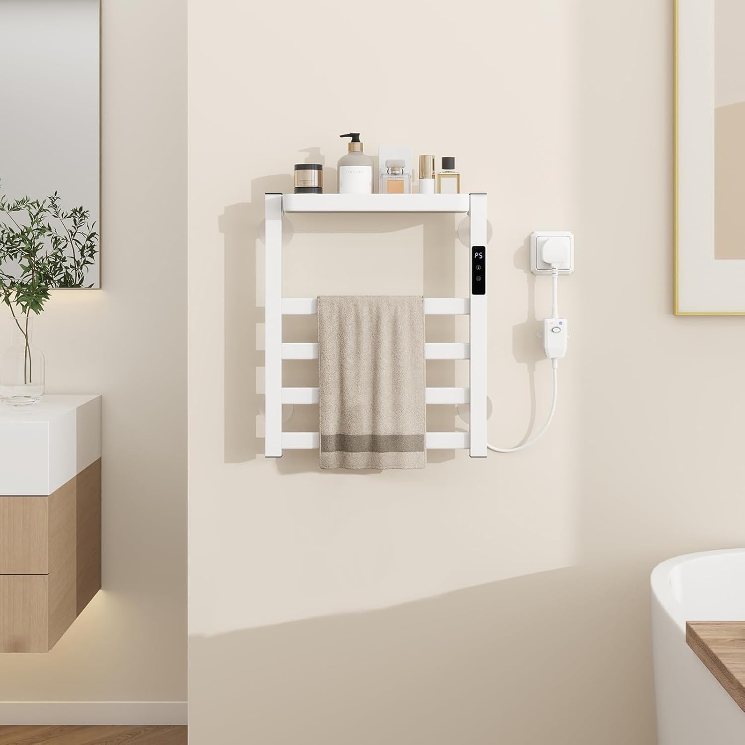 Towel Warmer Wall Mounted Aluminum Heated Towel Rail with Top Shelf & 9h Timer Smart Heated Towel Rack Electric Towel Heaters Drying Rack with Touch Panel for Bathroom