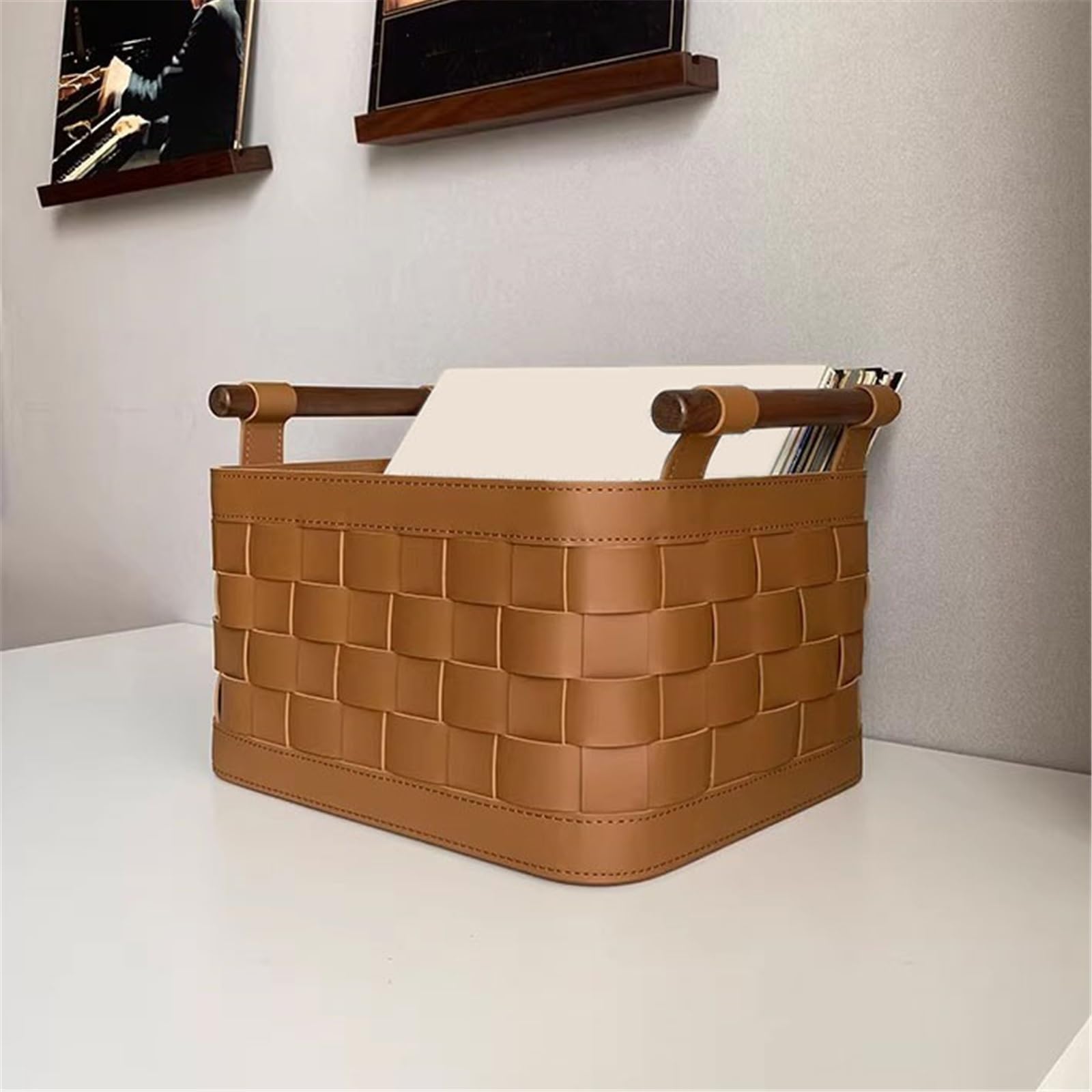 Rack per dischi Scatola portaoggetti multifunzionale in tessuto di pelle con custodia for dischi in vinile maniglia for l'home office