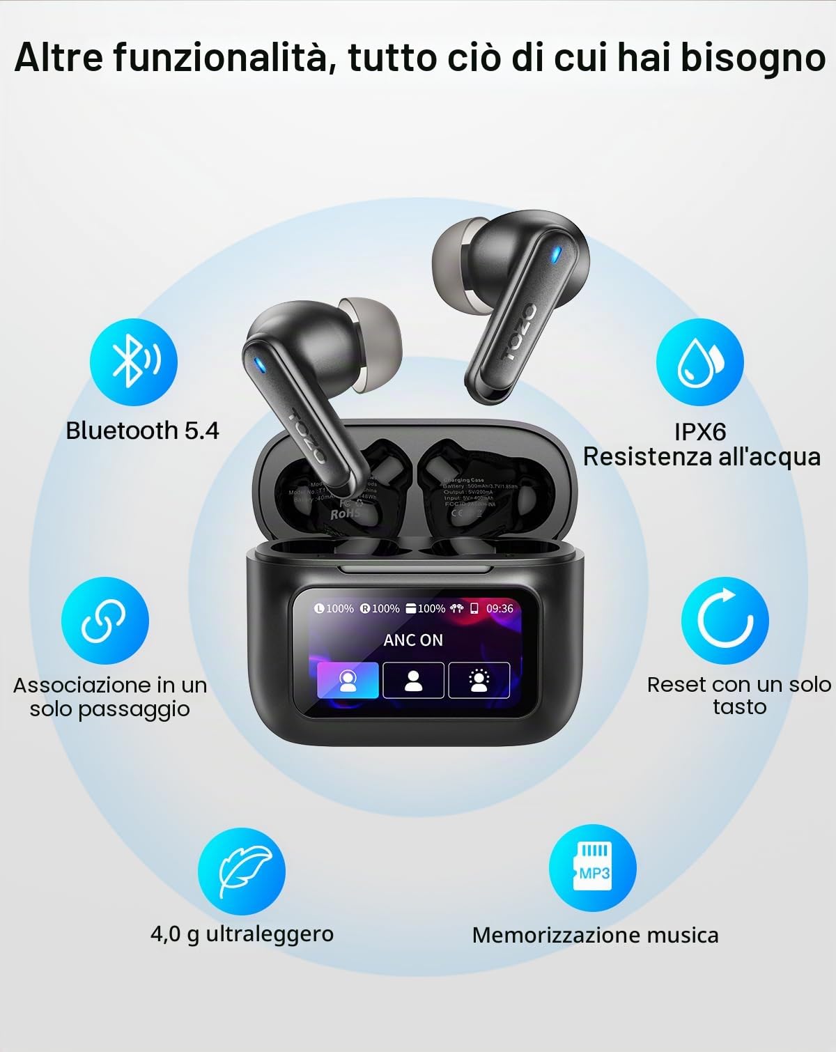 TOZO Auricolari ibridi con cancellazione attiva del rumore con touch screen intelligente, riproduzione MP3 locale, auricolari wireless ANC da 38 dB, 4 Mic ENC, bassi profondi, 38H, IPX8, auricolari