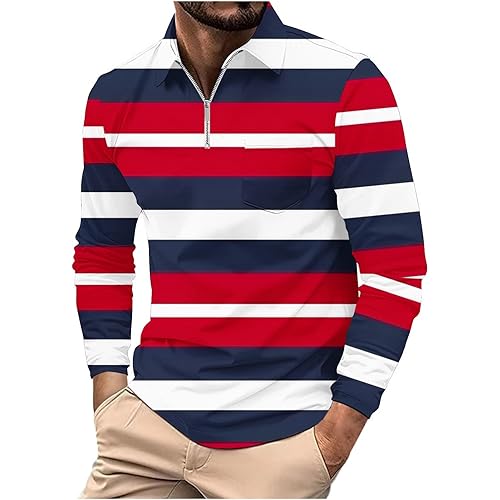 Mens Work Shirts,Mens Long Sleeve Polo Shirts 1/4 Zip Pullover Striped Shirt Casual Slim Fit Golf Shirts with Pocket