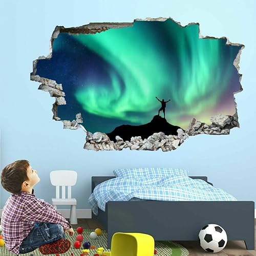 Calcomanías de pared 3D con diseño de luces del norte destrozadas, arte de pared, póster extraíble, pico de montaña, murales de pared, decoración