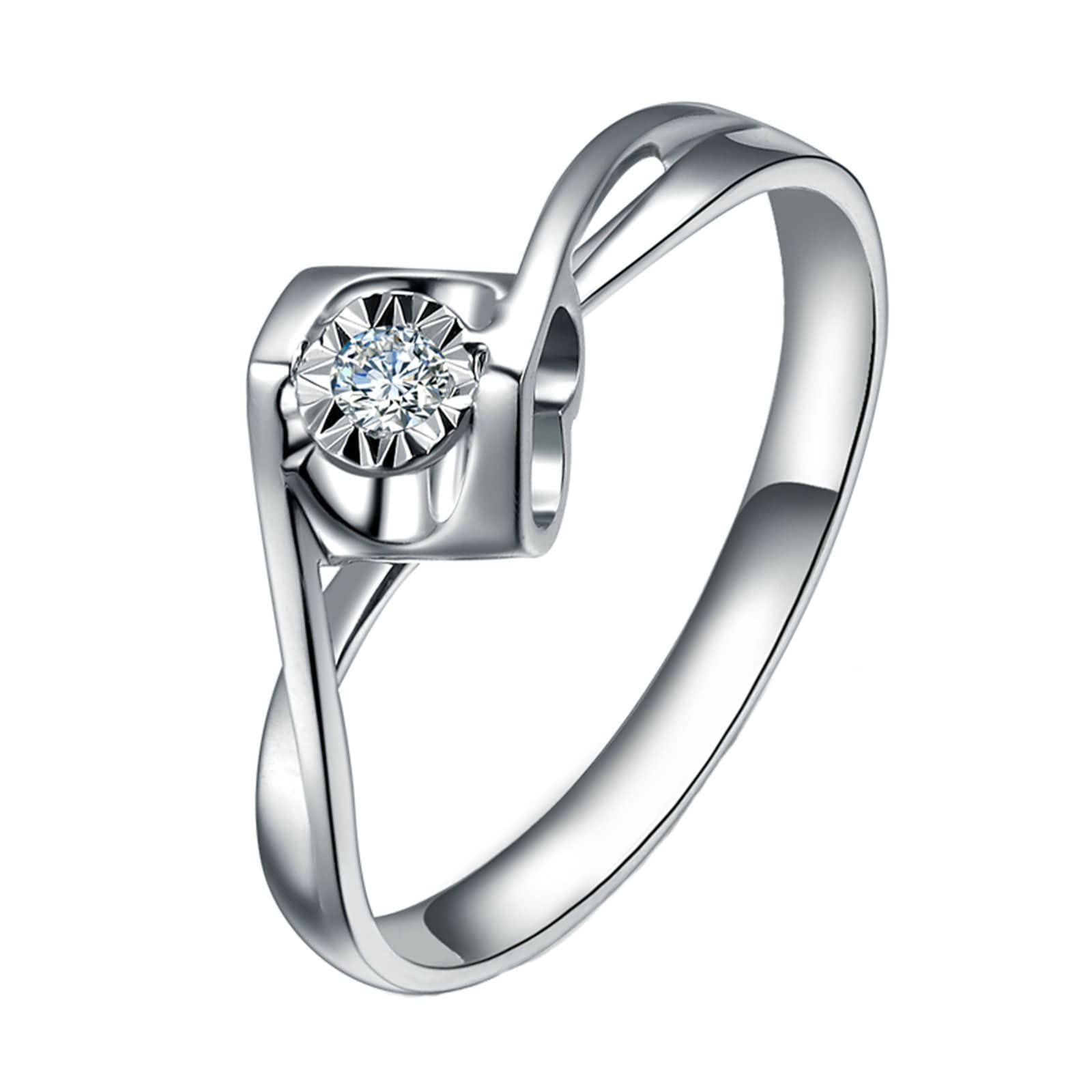 Anello Fidanzamento Donna Oro Bianco 9Kt / 14Kt / 18Kt, Cuore Cavo e Rotondo con Diamante da 0,03ct, Anelli Fedi Nuziali Argento Donna