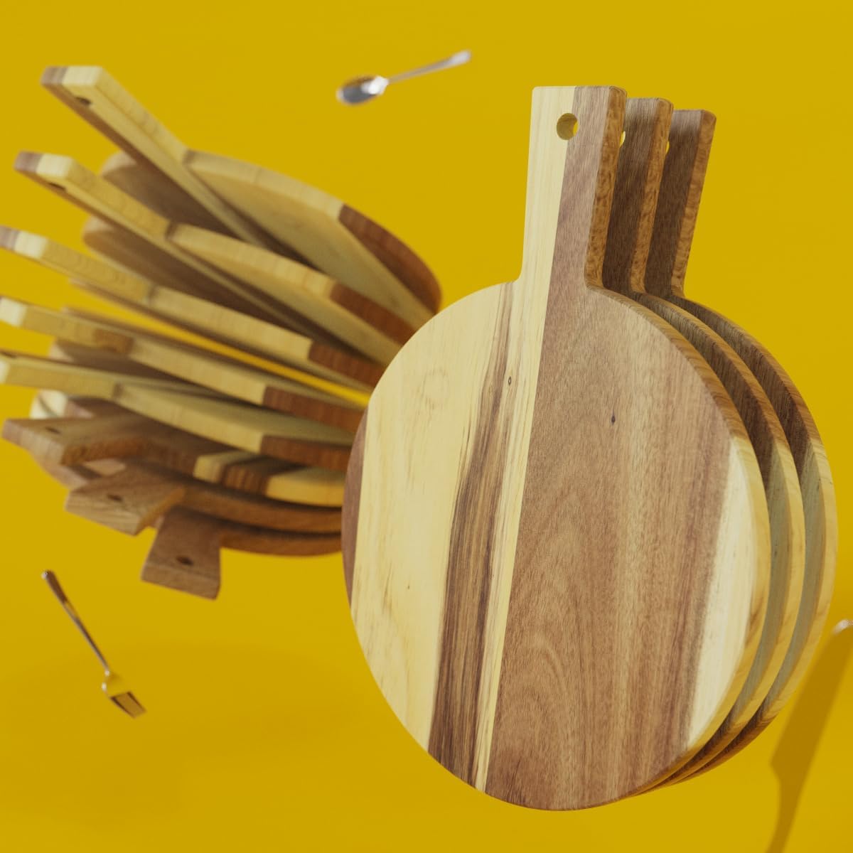 10-Pack Round Acacia Wood Cutting Boards with Handle, Reversible Chopping Board Set with Juice Groove – Large Thick Wooden Cutting Board for Kitchen, Meal Prep, Meat, Vegetables – Dishwasher Safe