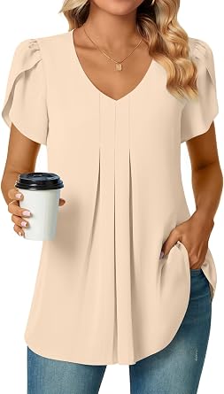 Bestbee Womens Chiffon Blouses Dressy Casual Tops Summer Tunics V Neck Business Short Sleeve Shirts