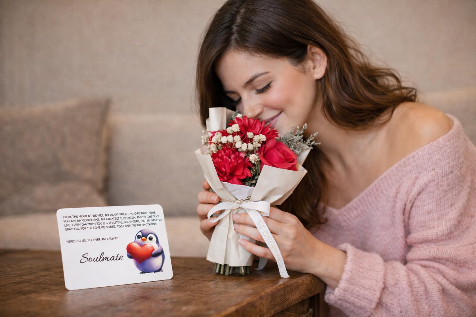 Bouquet de fleurs de savon rose avec carte en aluminium de qualité supérieure « To My Soulmate » - Cadeau idéal pour la Saint-Valentin, un anniversaire ou un anniversaire pour petite amie, épouse,