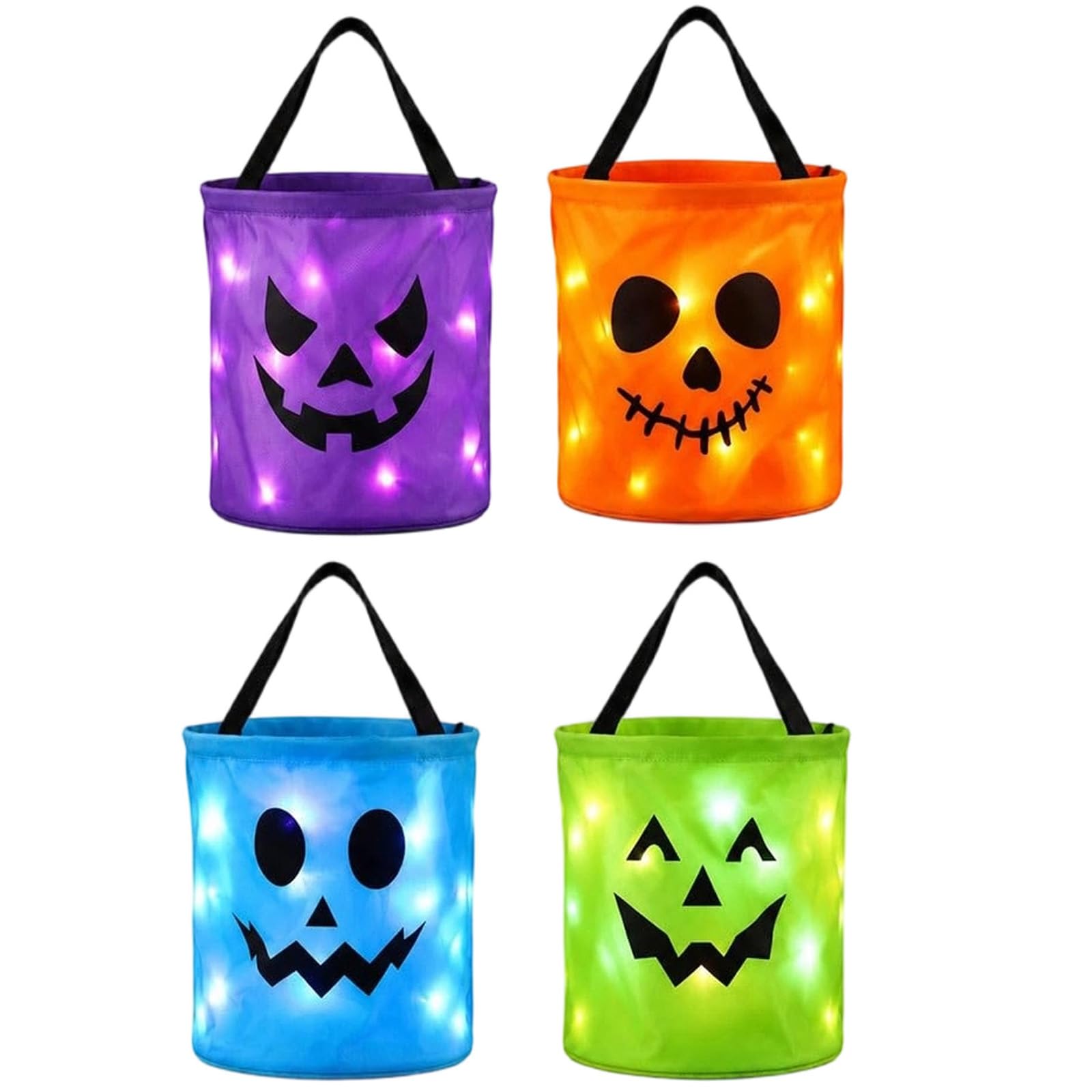 Halloween LED Light-Up Glowing Pumpkin Candy Bucket with Handle, Trick or Treat Bag, Jack-O-Lantern Face Bags