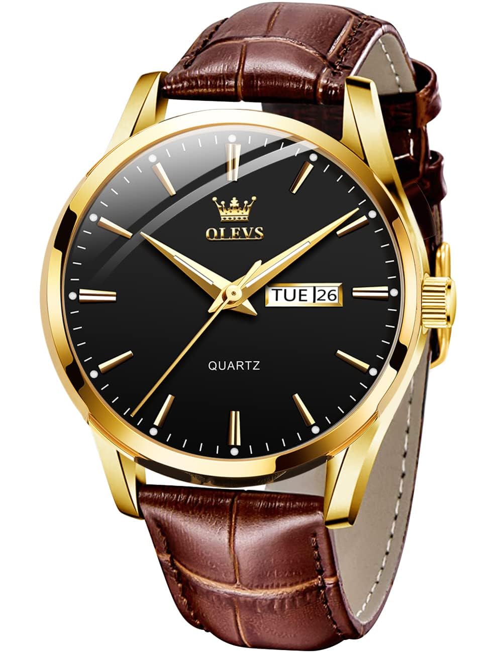 OLEVS Herrenuhren Braune Schwarz Lederarmband Quarz Uhr Männer mit Wochentag Datum Wasserdicht Leuchtende Klassische Elegantes Armbanduhr Geschenk