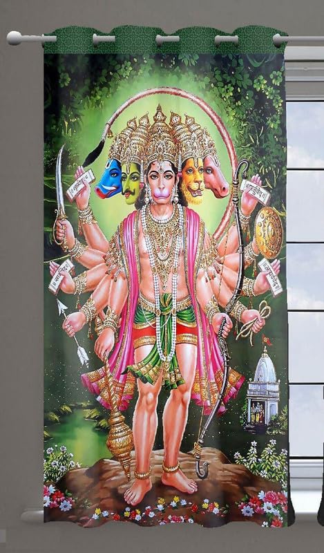 Honger Polyeser 3D Digital God Punchmukh Hanuman Ji Printed 4 x 5 Feet Window Curtain Pack of 1 Pecs Mandir Room || Pooja Room Curtain