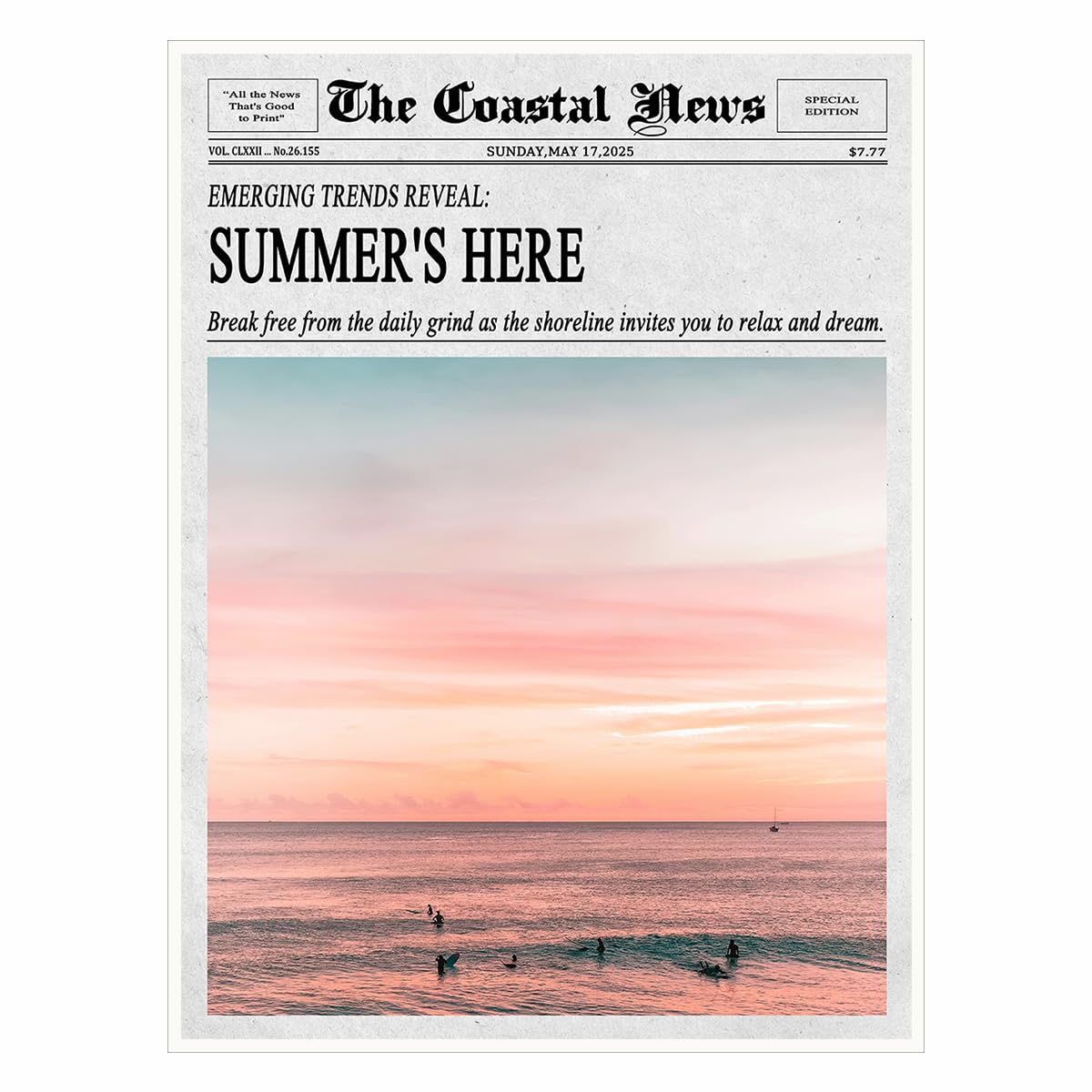 Summer’s Here - Vintage Newspaper-Style Surf Canvas Print Posters, Black And White Coastal Wall Art, Beach Vibes Décor for Home, Apartment, or Surf Shack 11x14in Unframed