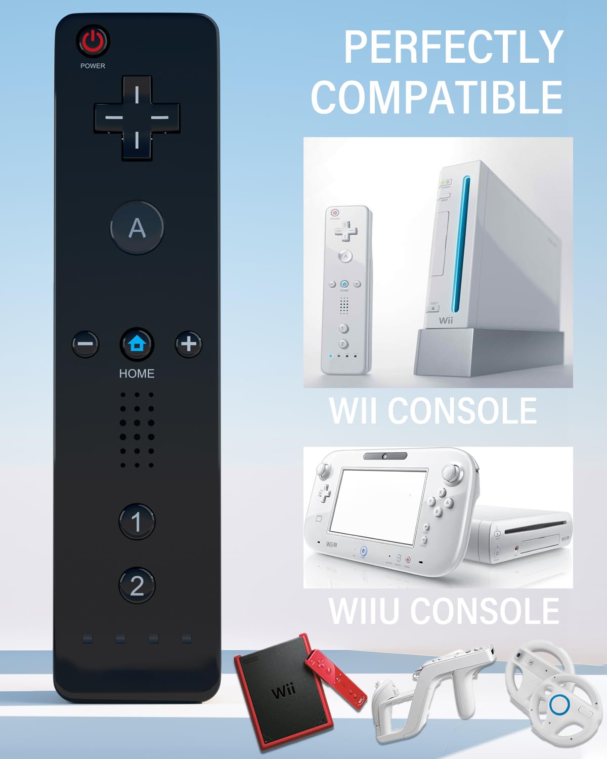 SONVIEE Wii Remote Controller et Nunchuck Joystick Télécommande de Remplacement pour Wii avec étui en Silicone et Dragonne (Sans Motion Plus-Noir 2er)